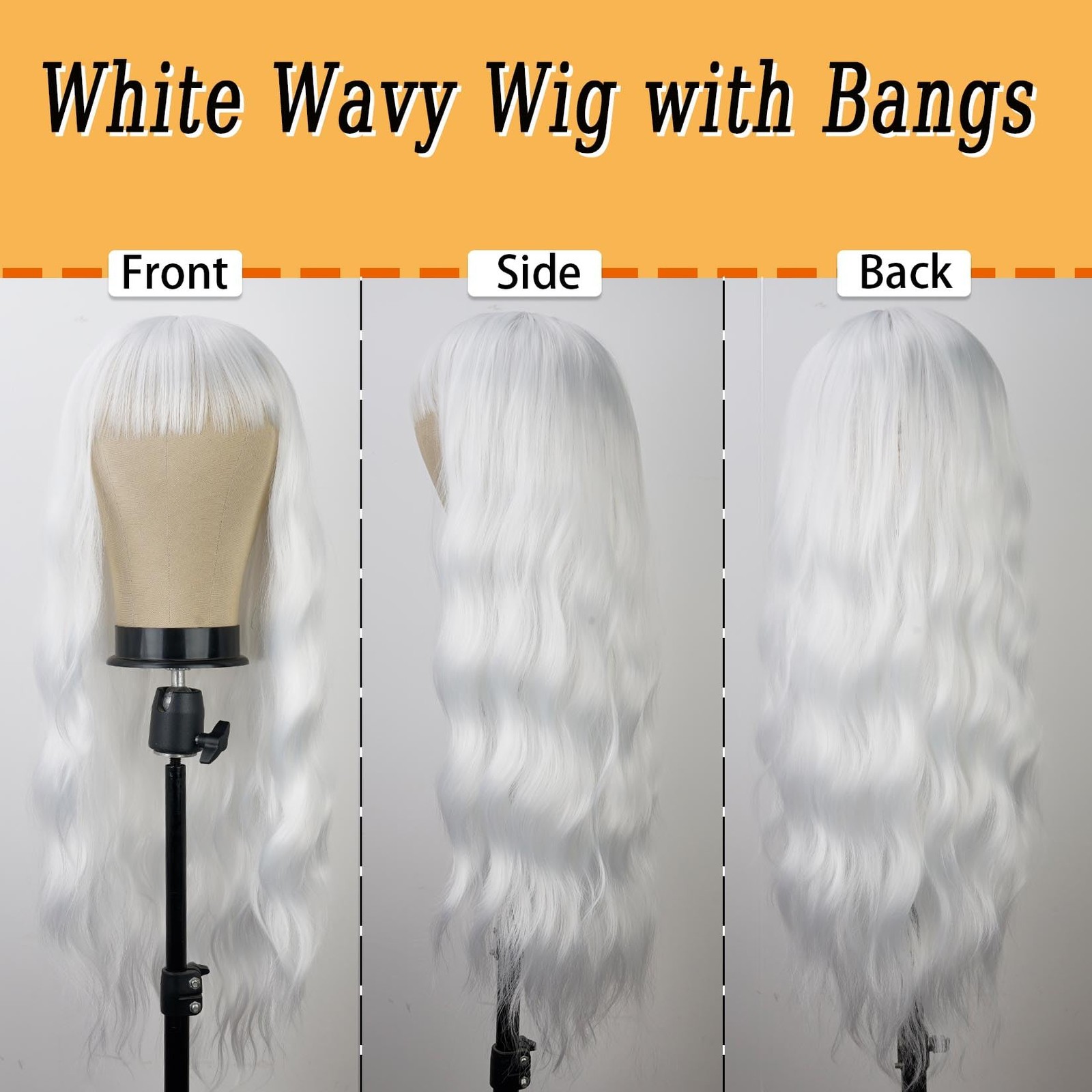 White Wig with Bangs Soft Long Wavy Wigs for Women 26 Inch Natural Looking Sy…