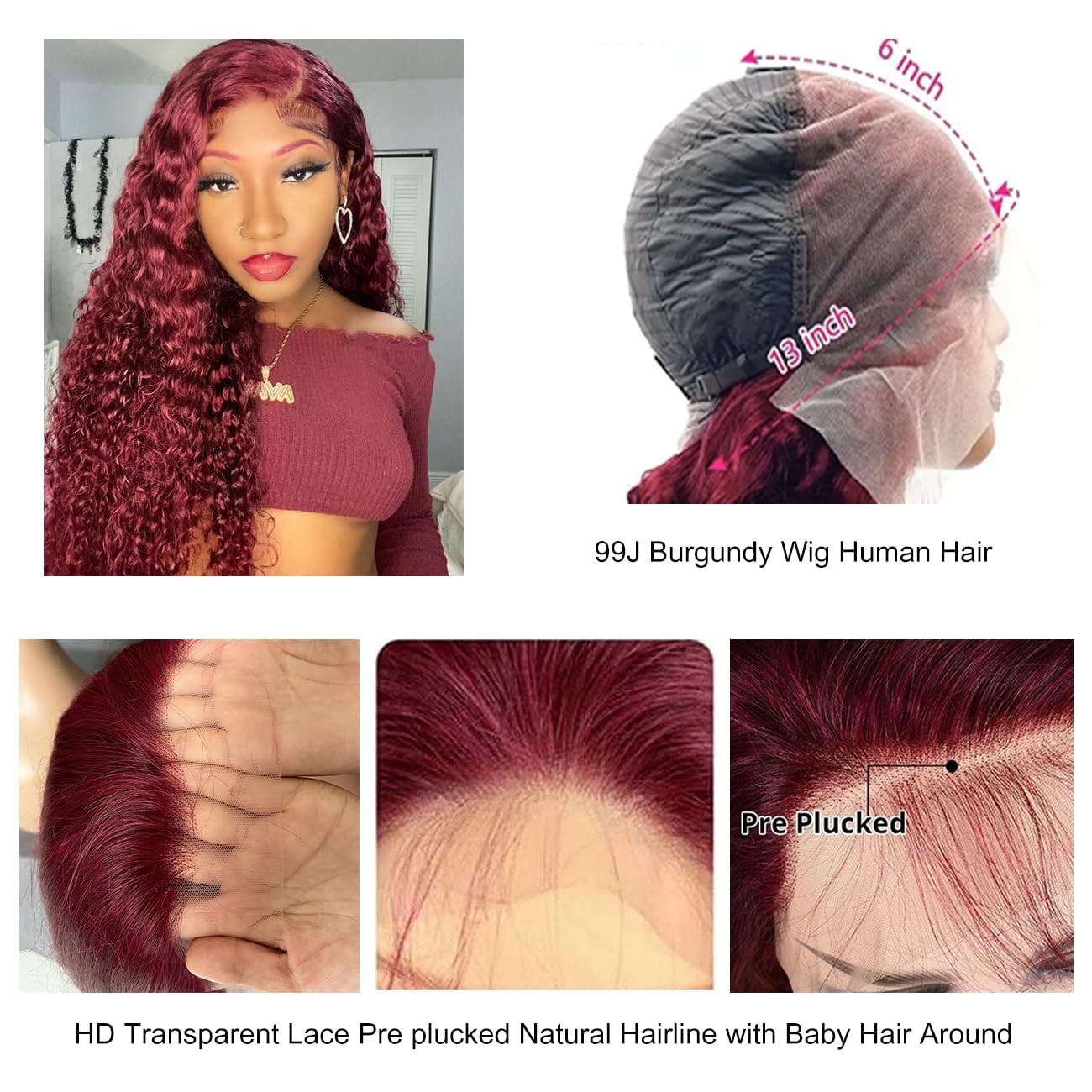 30 Inch Burgundy Human Hair Wig – 13×6 Lace Front Deep Wave Style