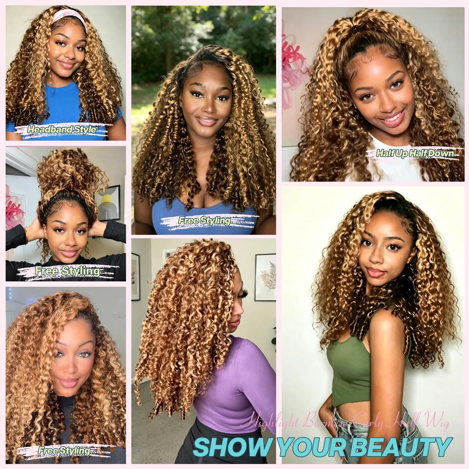 Burmese Curly Half Wig 220 Density – 3 in 1 Seamless Glueless Hair Wig 20″ P4/27
