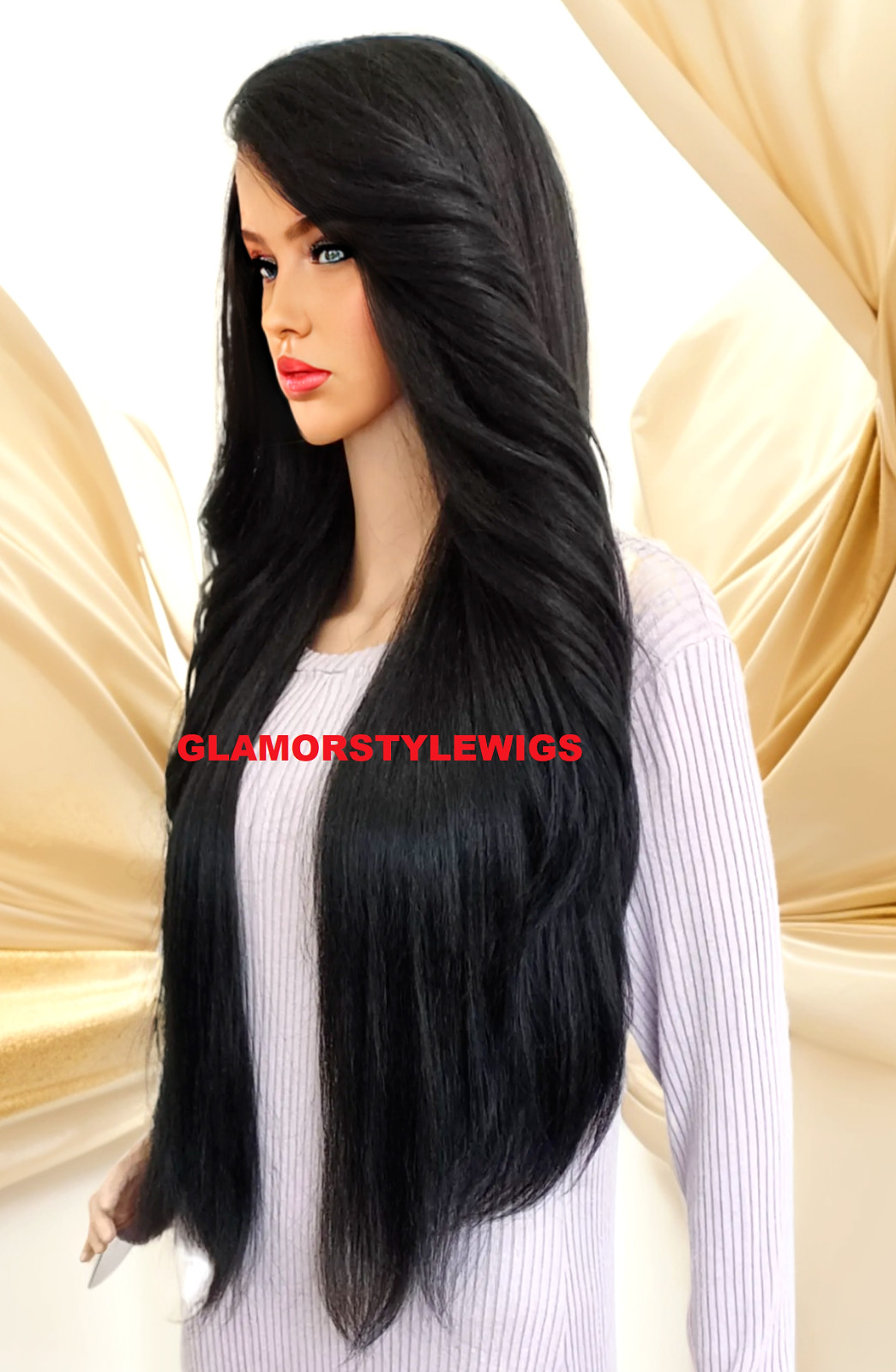 39″ LACE FRONT FULL WIG LONG STRAIGHT LAYERED SIDE PART JET BLACK #1 HEAT OK NWT