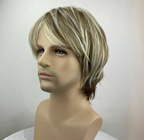 NEW Men Wig Light Blonde Mix Toupee Short Natural Capless Hair wigs+wig cap