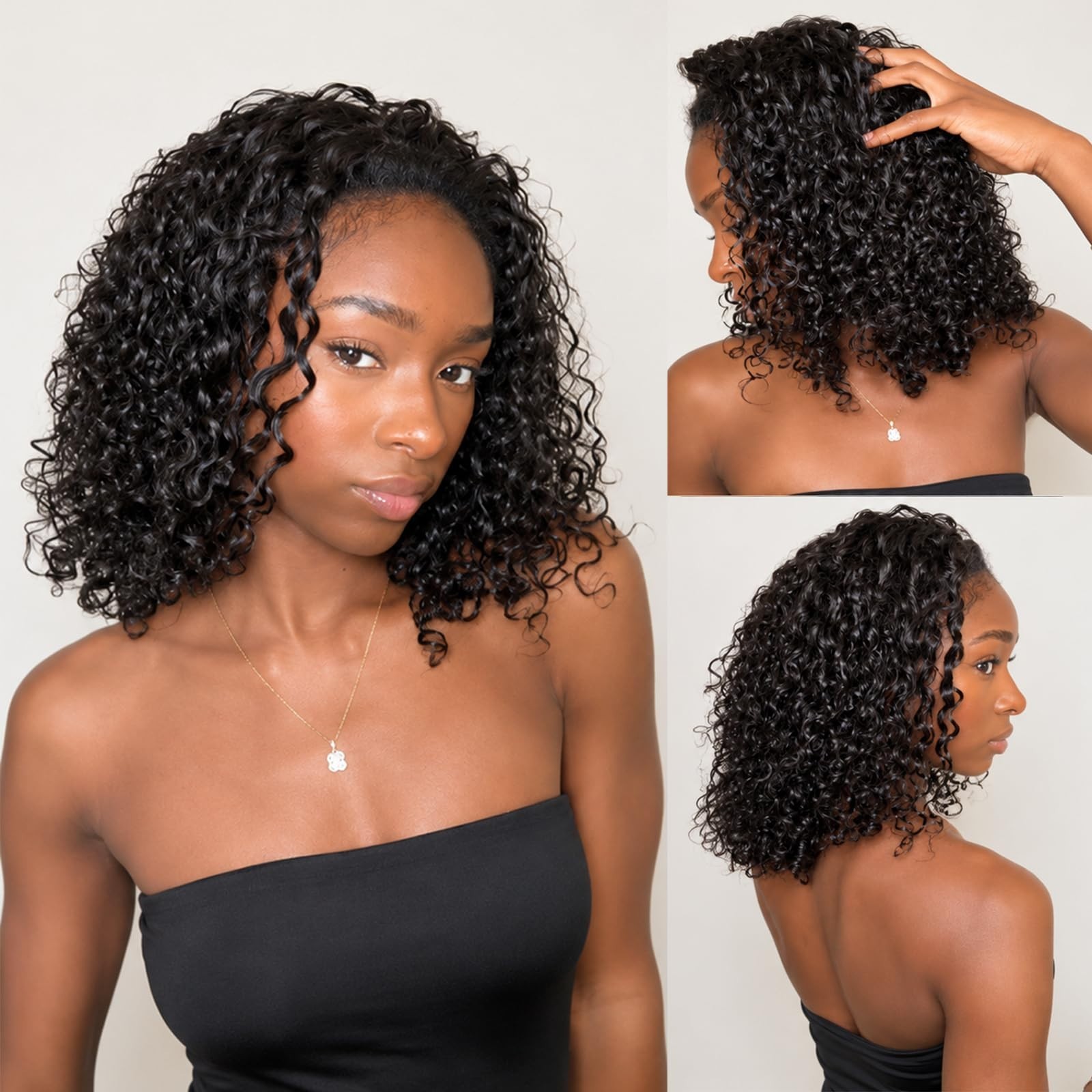180 Density 14 Inch Half Wig Human Hair Glueless Drawstring Clip-In Water Wave f