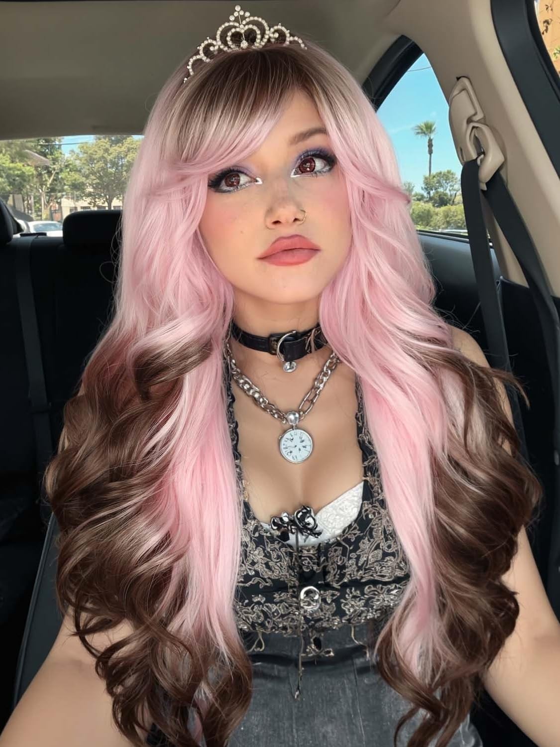 Long Wavy Wig With Bangs Pink Romantic Curly Hair With Brown Roots and Ends S…