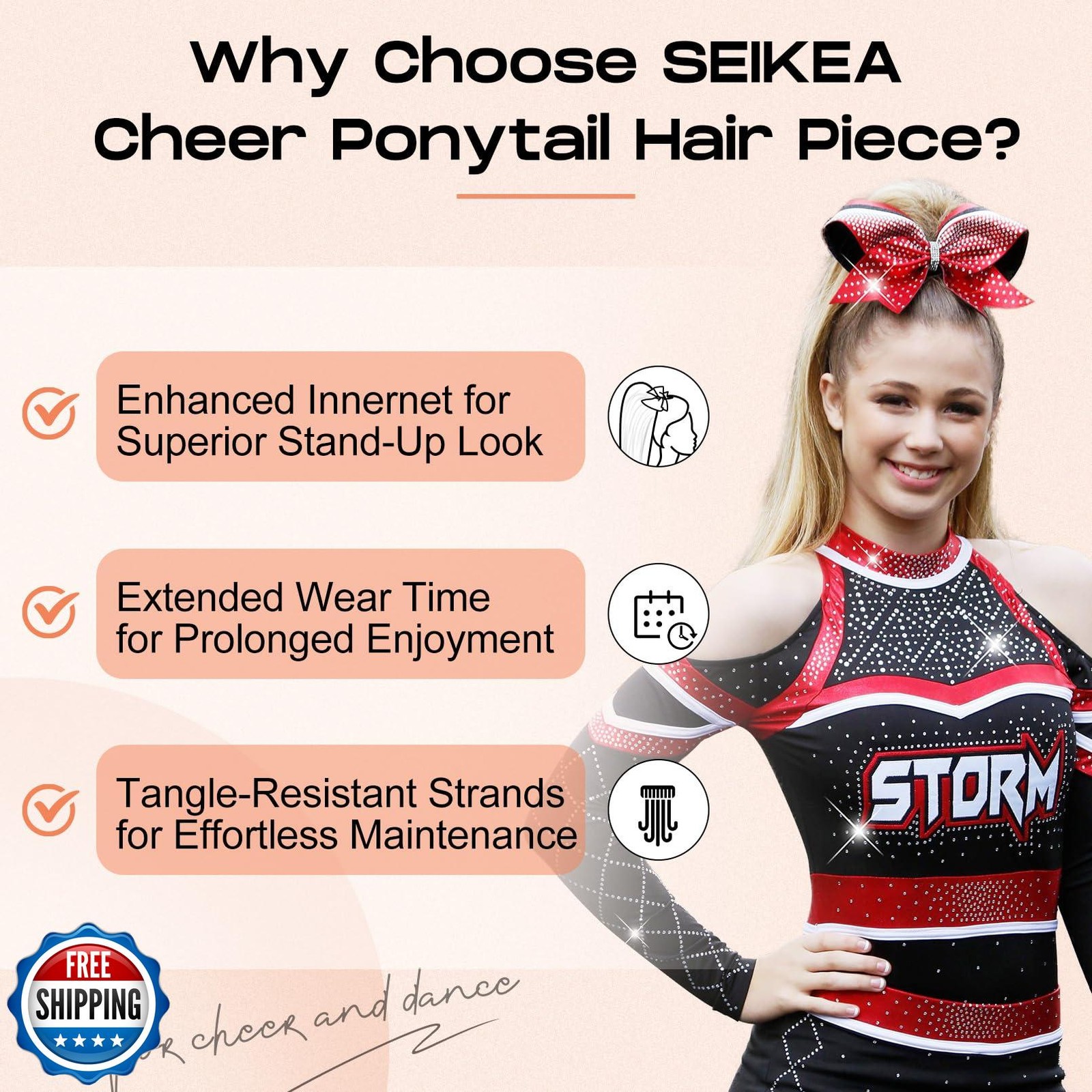 SEIKEA Cheer Ponytail Hair Piece, 16″ Champagne Blonde Straight Cheerleader H
