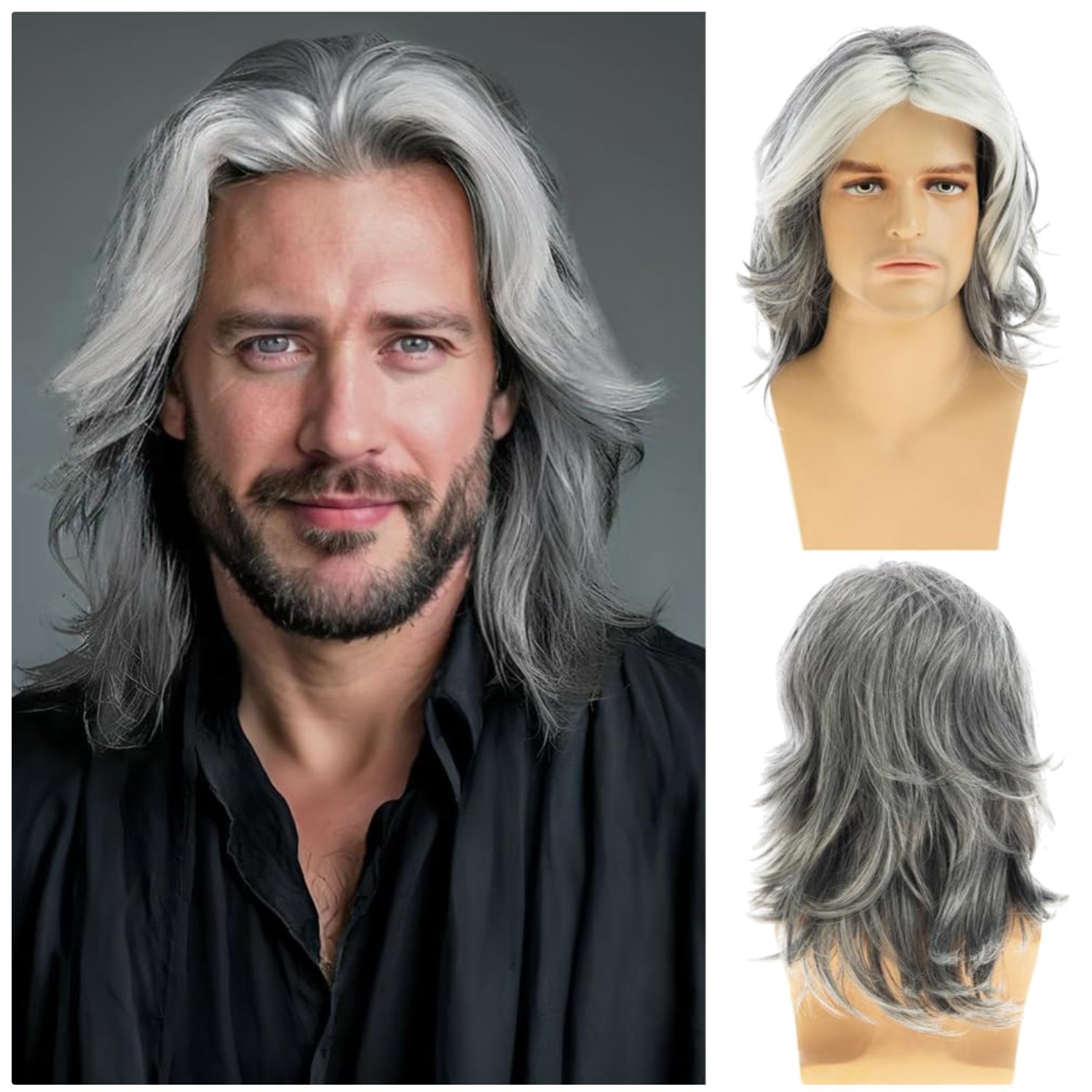 Grey Long Straight Synthetic Men’s Wig – Heat Resistant