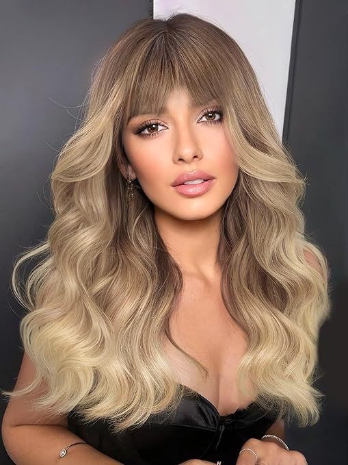 Water Wave Long Curly Wig with Bangs Heat Resistant Synthetic Full Cap for Women