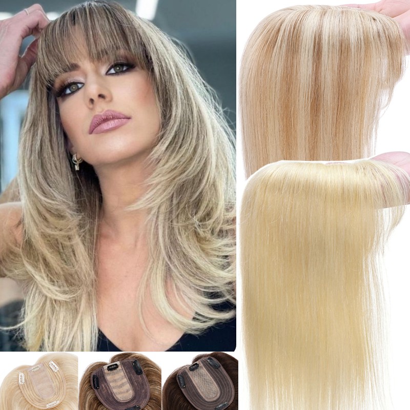 Women’s Topper Toupee Clip In 100% Real Human Hair Silk Base Hairpiece Extension