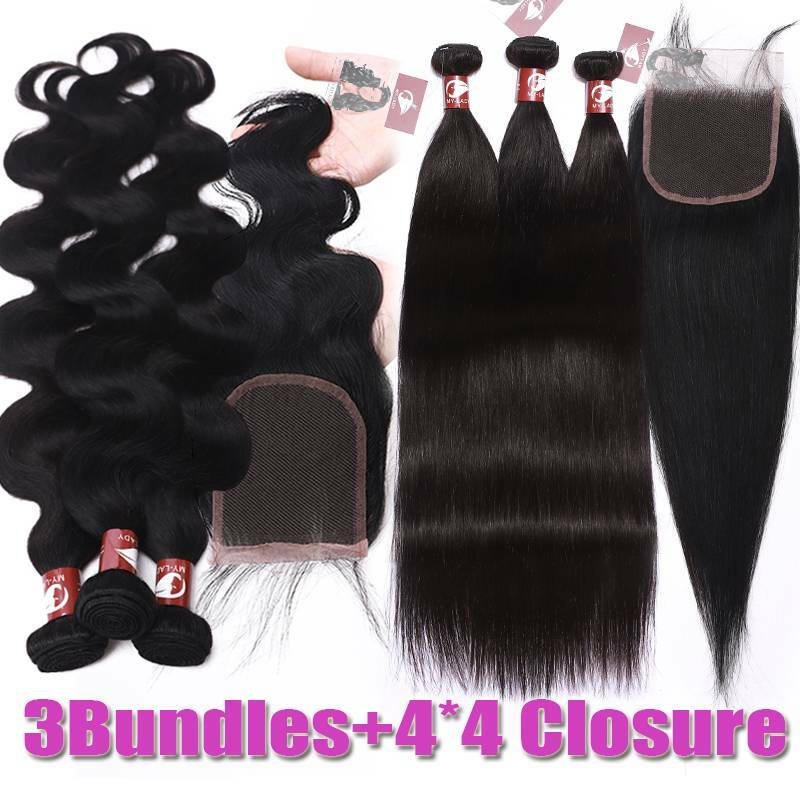 Pre Plucked Lace Closure with 3Bundles Brazilian Virgin Human Hair Wavy Weave US