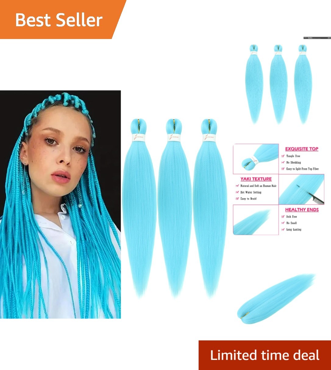 Light Blue Pre-Stretched Braiding Hair 24” – 3 Packs for Easy Styling
