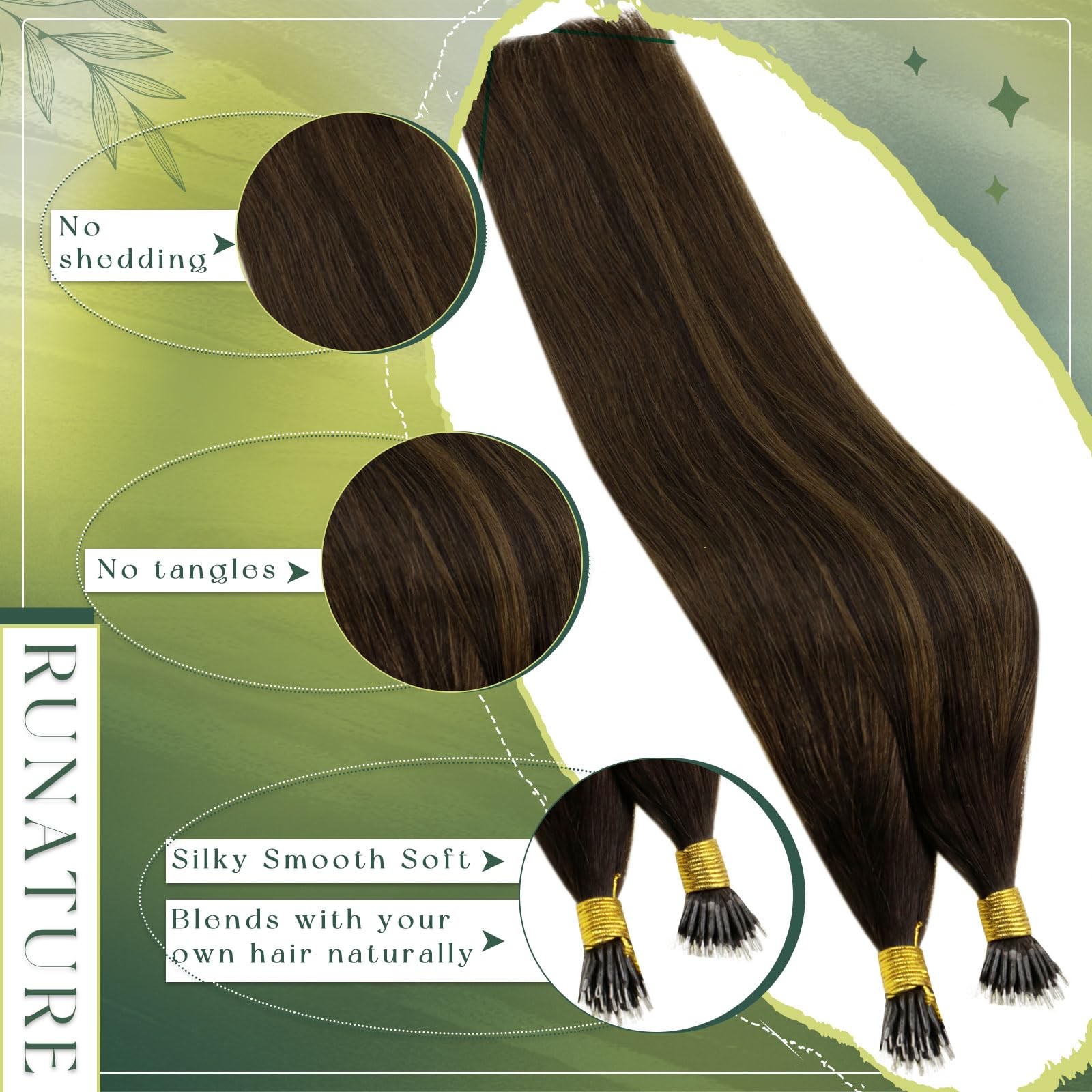Runature Nano Hair Extentions Human Hair Dark Brown Balayage Light Brown Nano