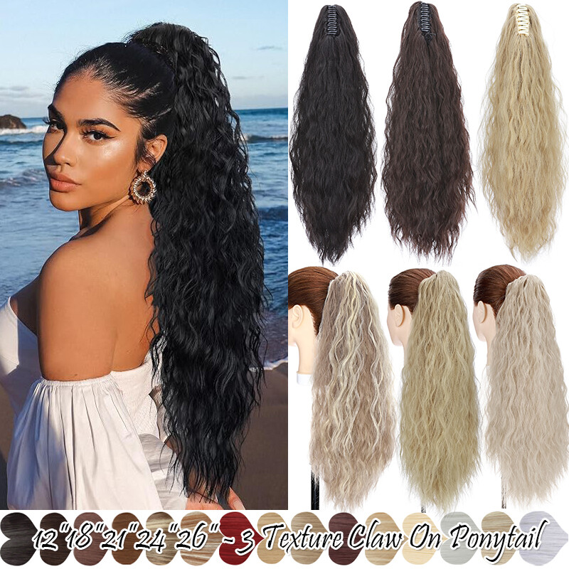 Long Thick Deep Curly Wavy Ponytails Synthetic Claw Clip-In Hair Extension Black