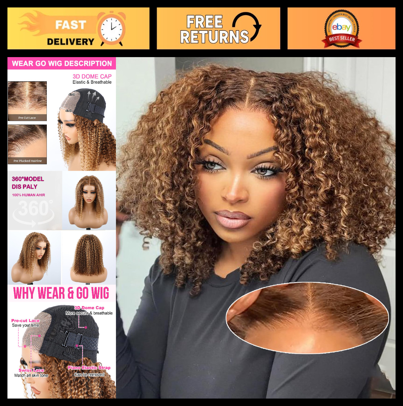 14″ Kinky Curly Glueless Wig Ombre Highlight 4/27, Pre-Cut Lace, Human Hair, 200