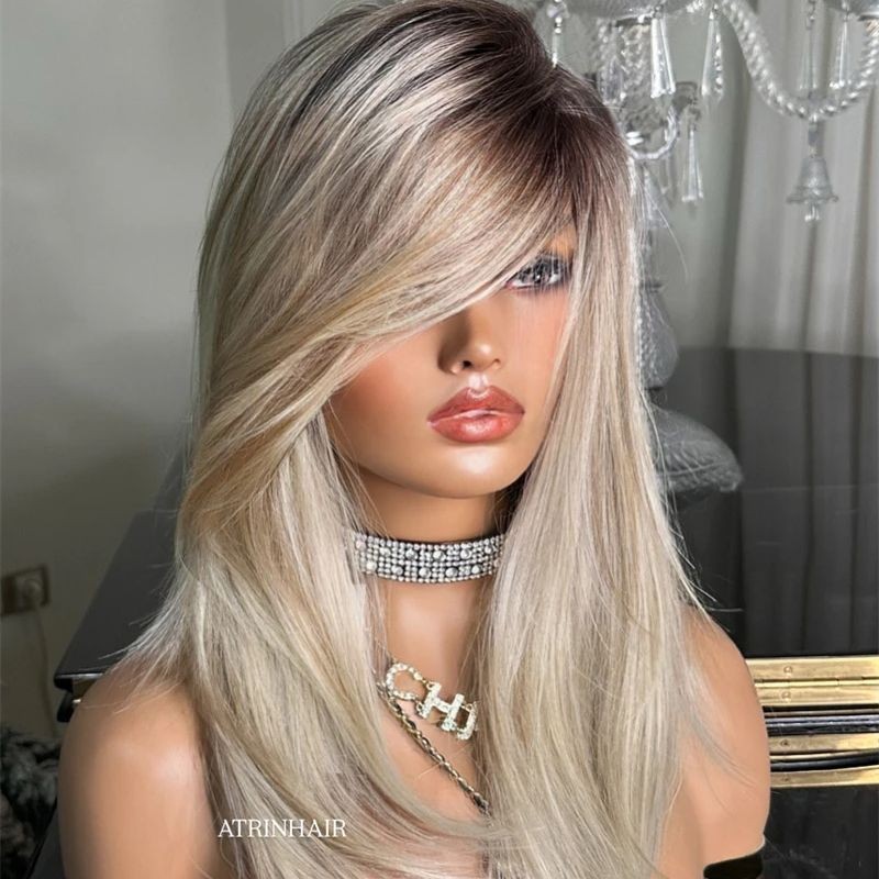 Ombre Platinum Blonde Highlights 13×4 Lace Front Wig Virgin Human Hair Wig