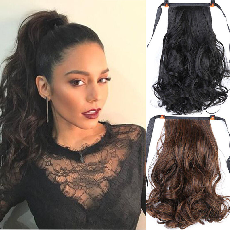 16-24″ Thick 100% Human Hair Drawstring Clip in Remy Wavy Ponytail Extensions