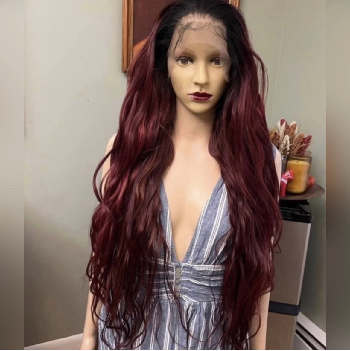 Long wavy Dark Roots To Mahogany Human Hair Blend Lace Front Daily Wig.