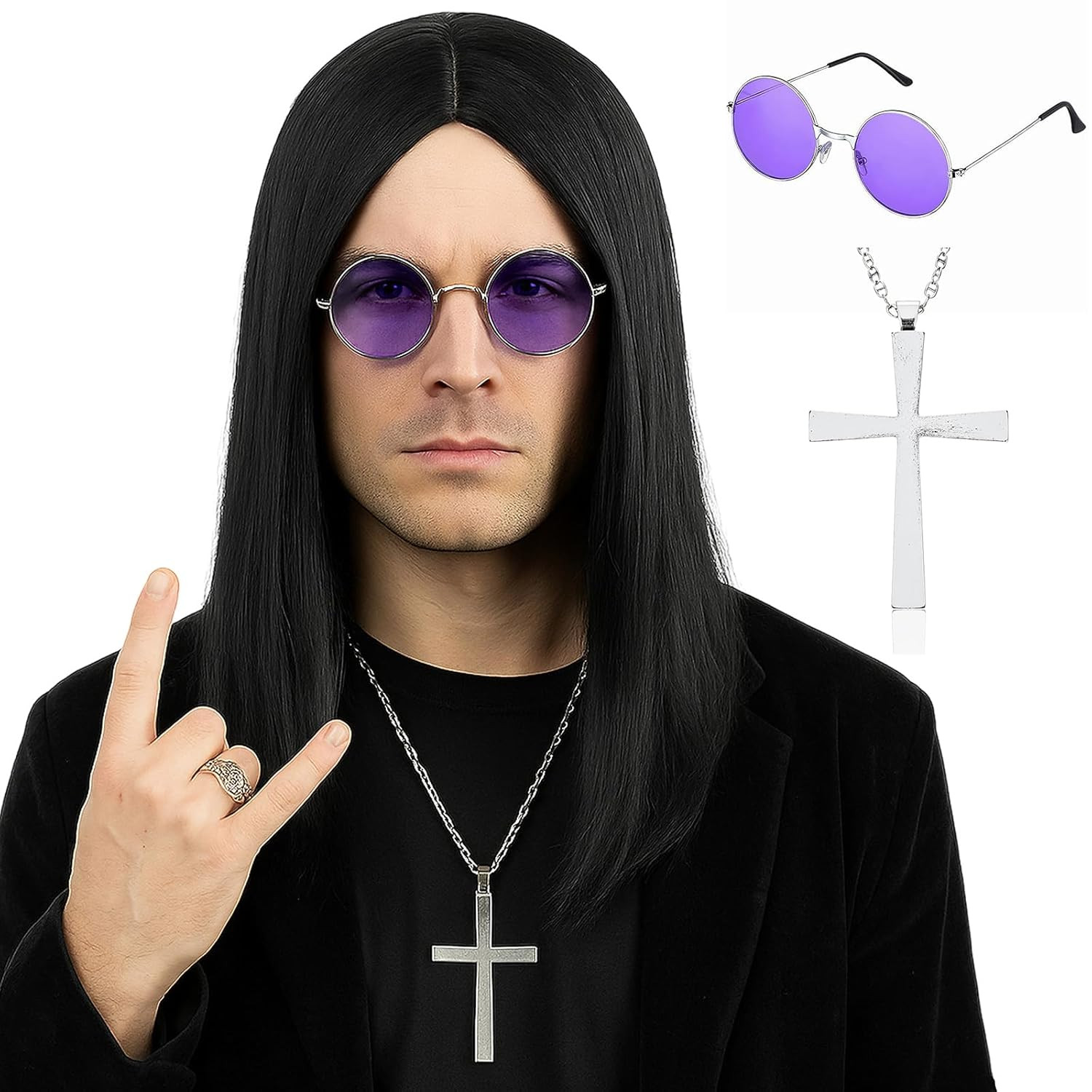Morvally Long Black Straight 80S Heavy Metal Rocker Wig for Men – Center Parting