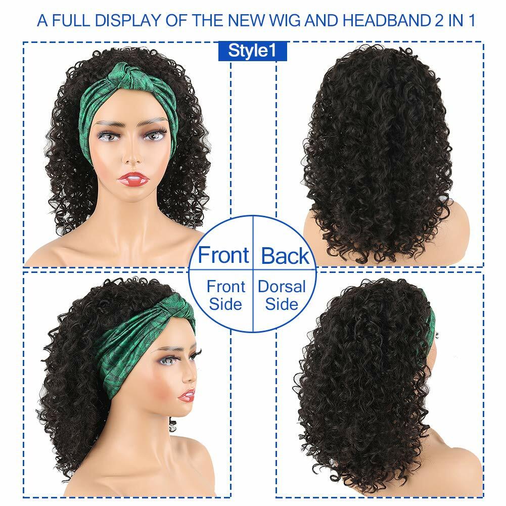 Short Kinky Curly Headwrap Wig Drawstring Full Headband Wig Synthetic Wig