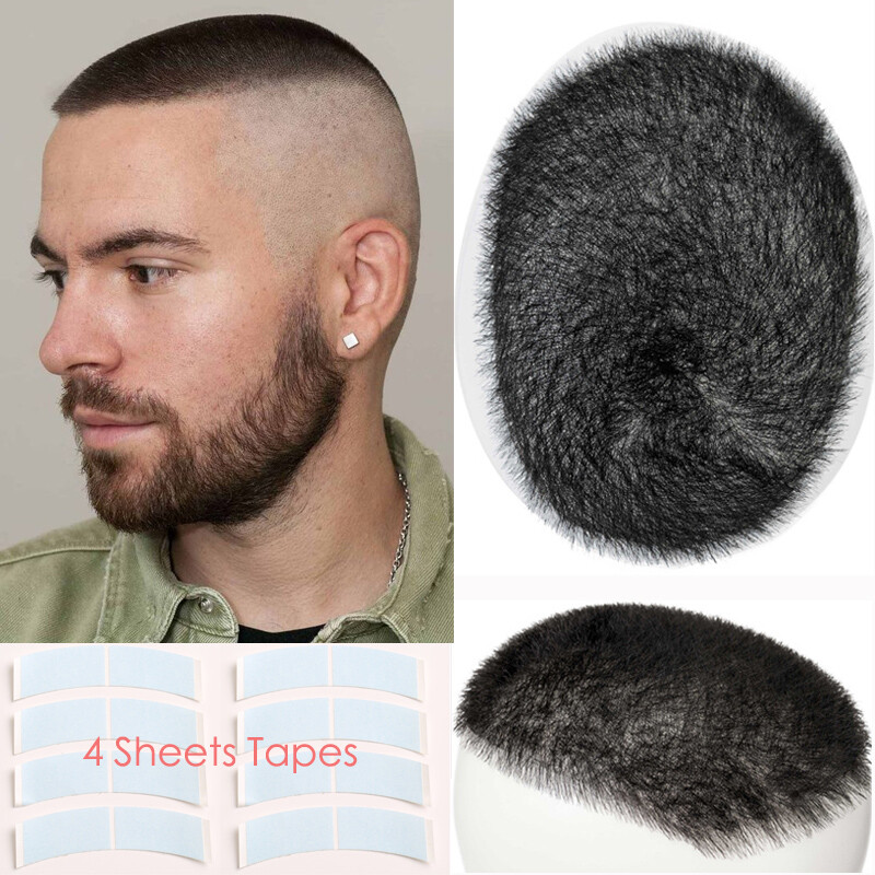 Mens Human Hair Toupee Ultra Thin Skin PU Hairpiece System Short Buzz Cut Topper