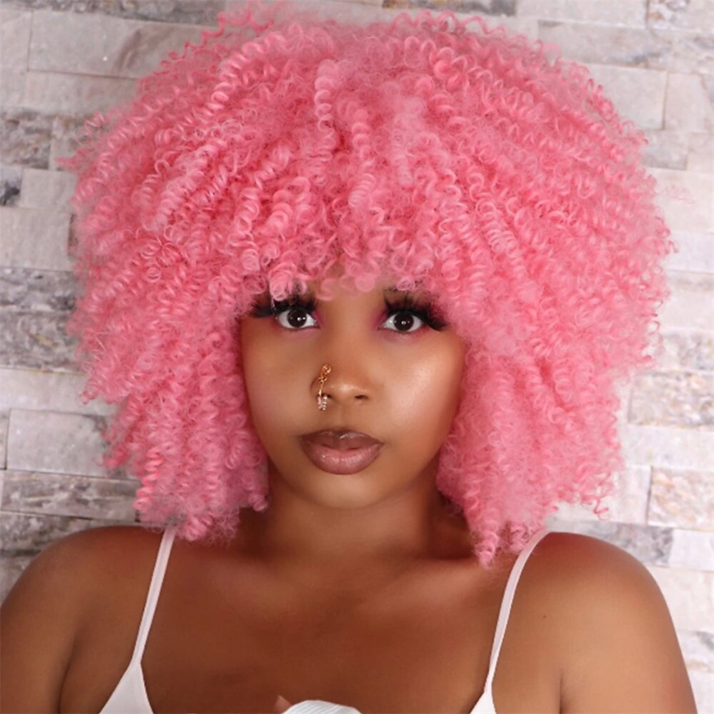 Short Hair Afro Kinky Curly Wig With Bangs For Black Women Synthetic Pink Curly
