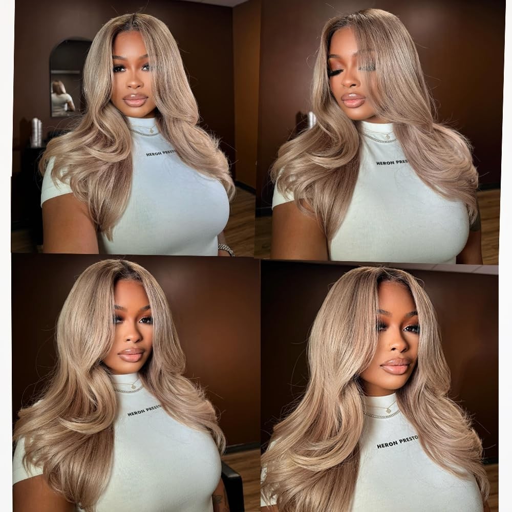 20 Inch Ash Blonde Body Wave Lace Front Wig – Human Hair, Brown Roots, 200 Densi