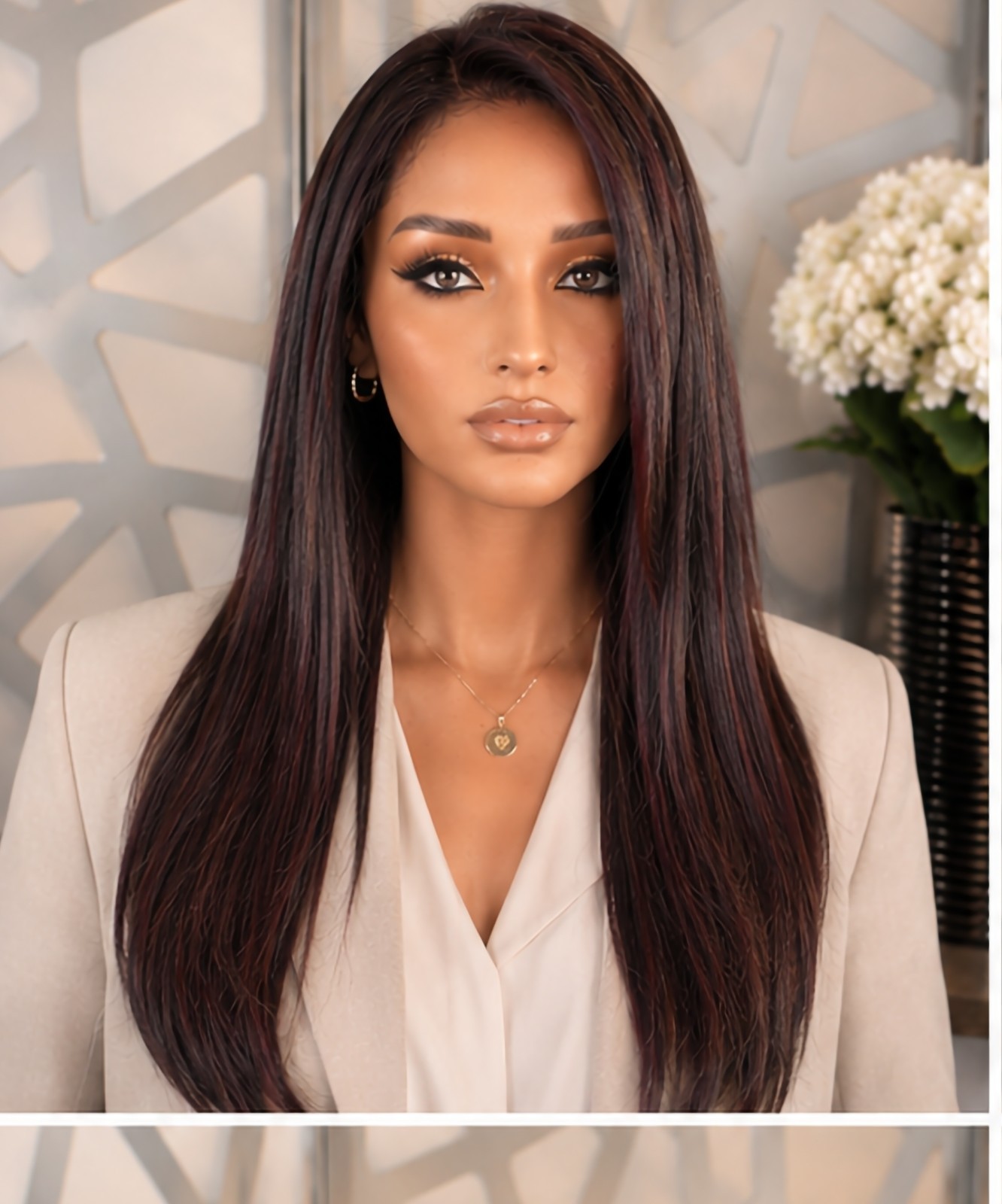BurgundyvStraight Wig Black Highlights Human Hair Blend 13×4 Lace Front Wig Glue