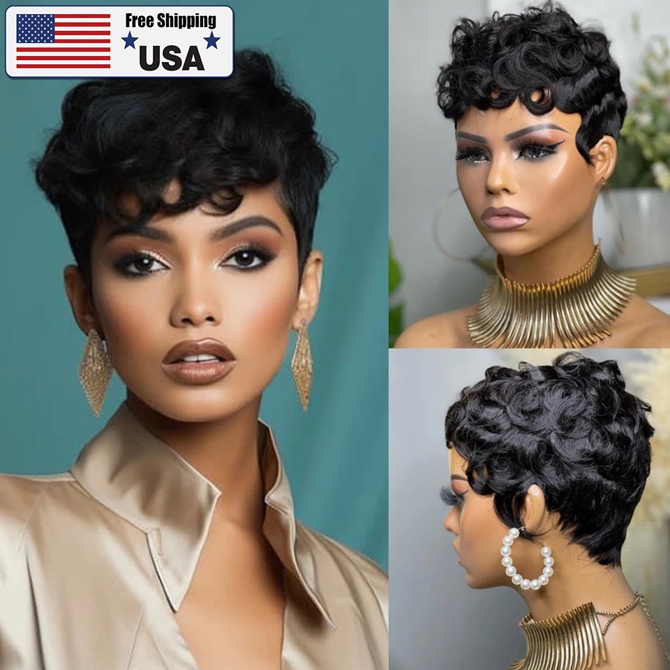 Synthetic Short Black Hair Wig Pixie Cut Wigs Short Fake Hair Wigs for Women