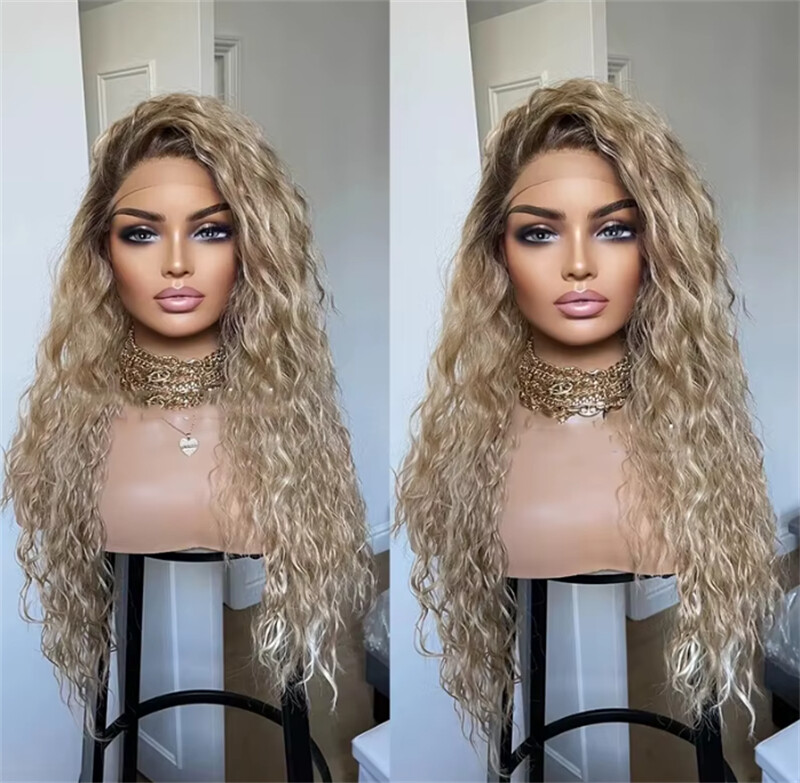 Loose Curly Lace Front Wigs Human Hair Honey Blonde with Ash Brown Rooted