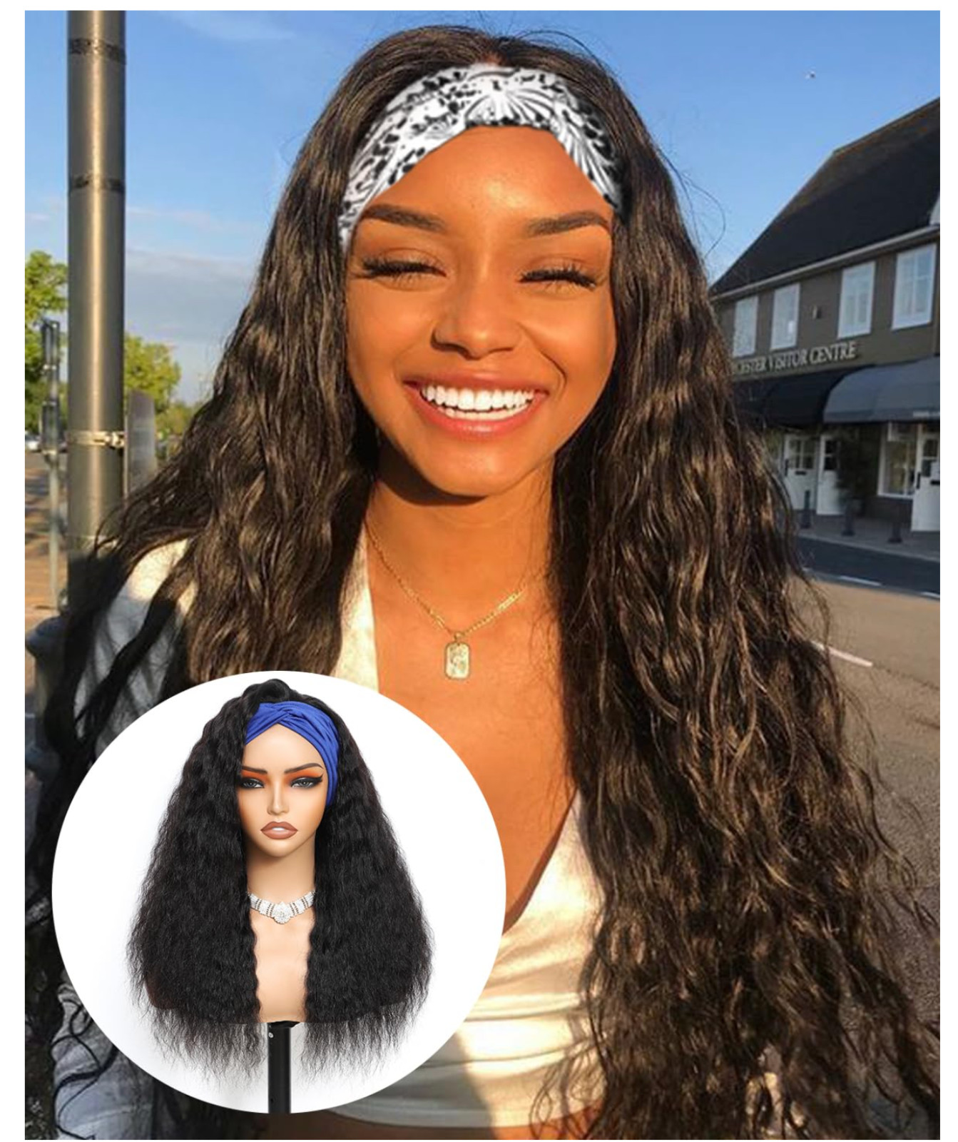 Headband Wig Human Hair Glueless Water Wave Natural Color 24 inch