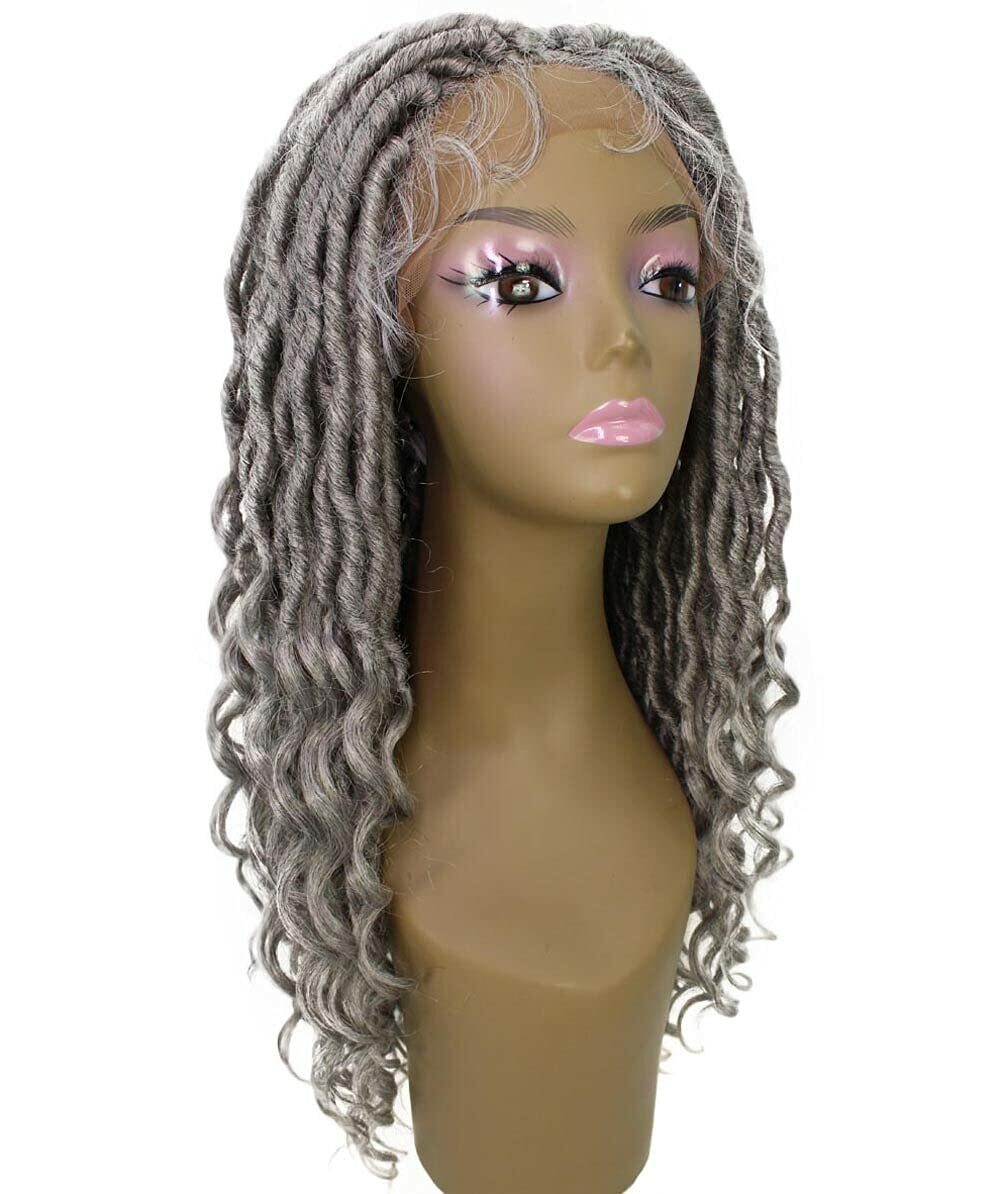 LUXLUXE Andrea 4×4 Curly Long 4X4 Hand Tied Lace Braid Grey Wig