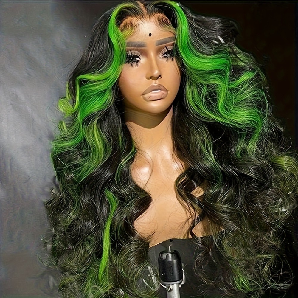 Green Highlights Ombre Long Wavy Lace Front Wigs Pre Plucked Natural Hairline