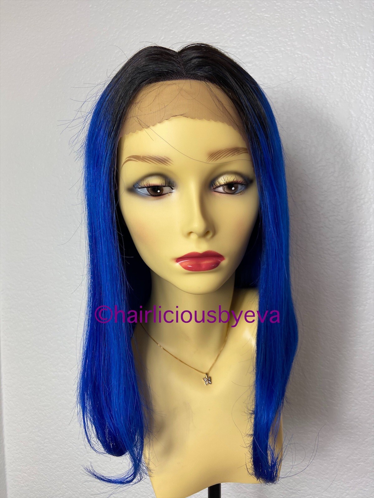 100 Percent Human Hair Wig Blue Ombré Black Lace Front Middle Part 16 Inch Long