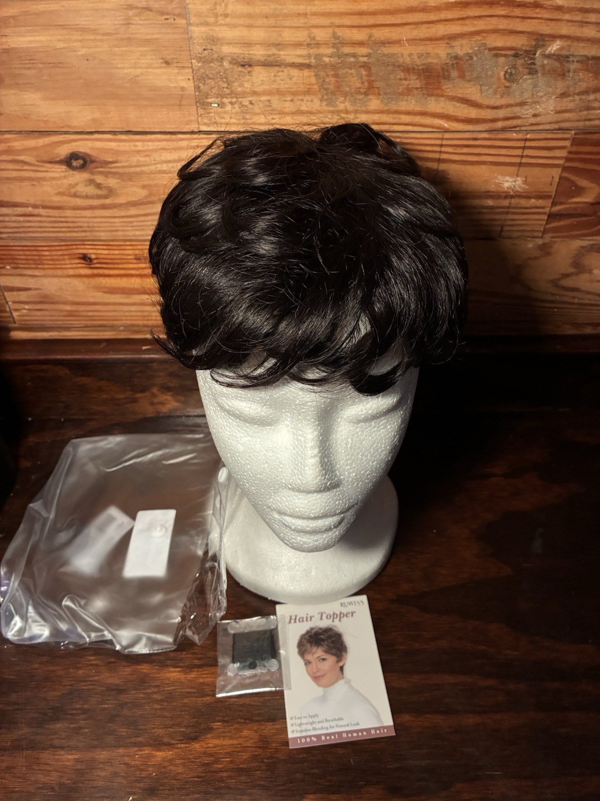 Short Curly Human Hair Topper Wiglet Pixie Cut, Clip In, Natural Black, 5×5.5”
