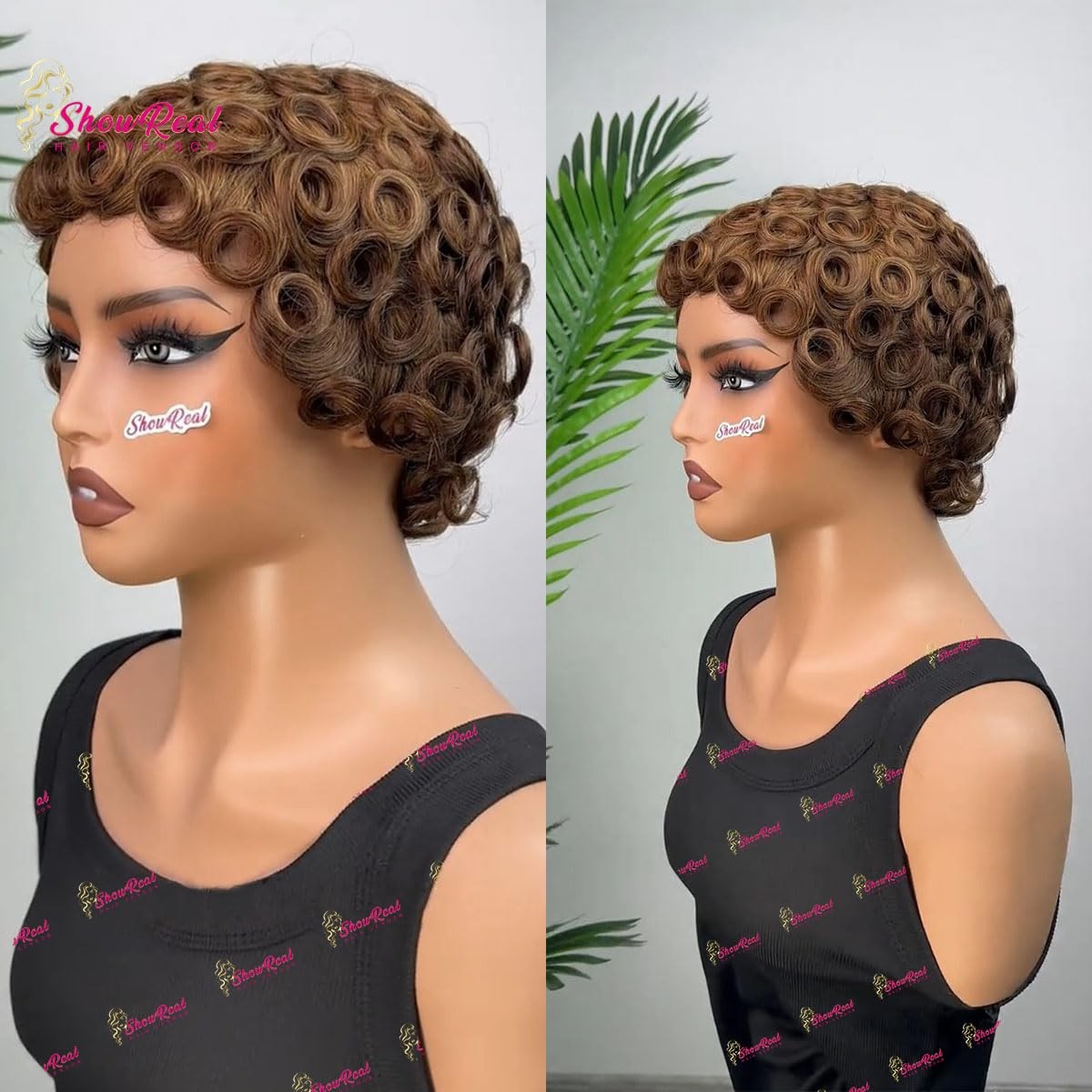 Showreal Brown Short Wigs Pixie Cut Curly Wigs For Black Women Pixie Cut Human
