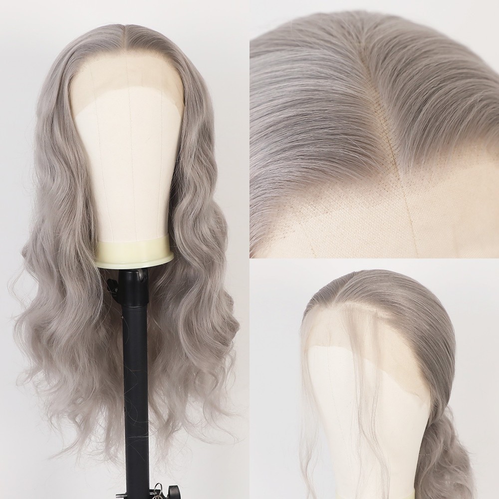 Long Wavy Gray Heat Resistant Lace Front Wig Glueless Body Wave Natural Hairline