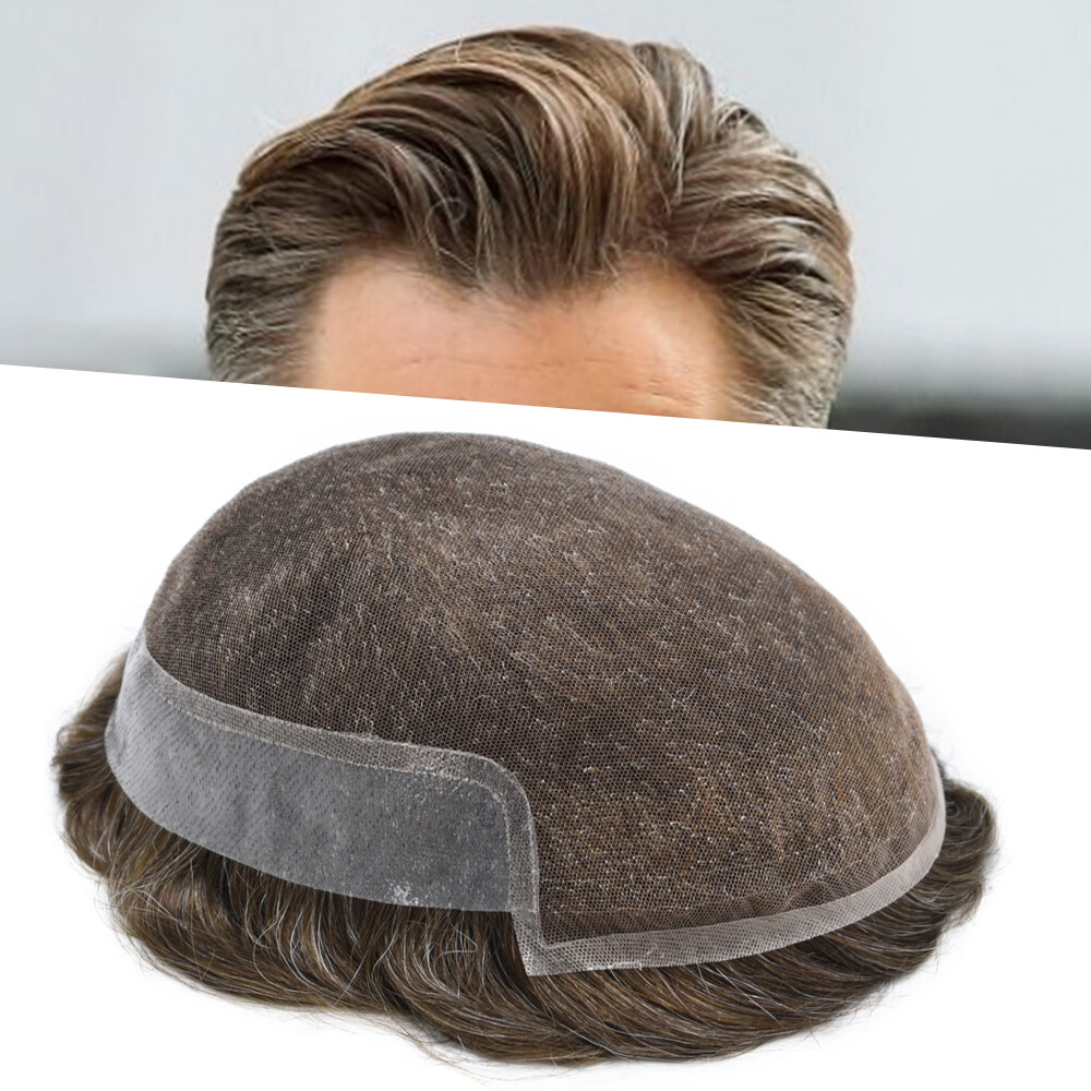 Mens Toupee Hair Replacement System French Lace Front Thin Skin Wig Hairpiece US