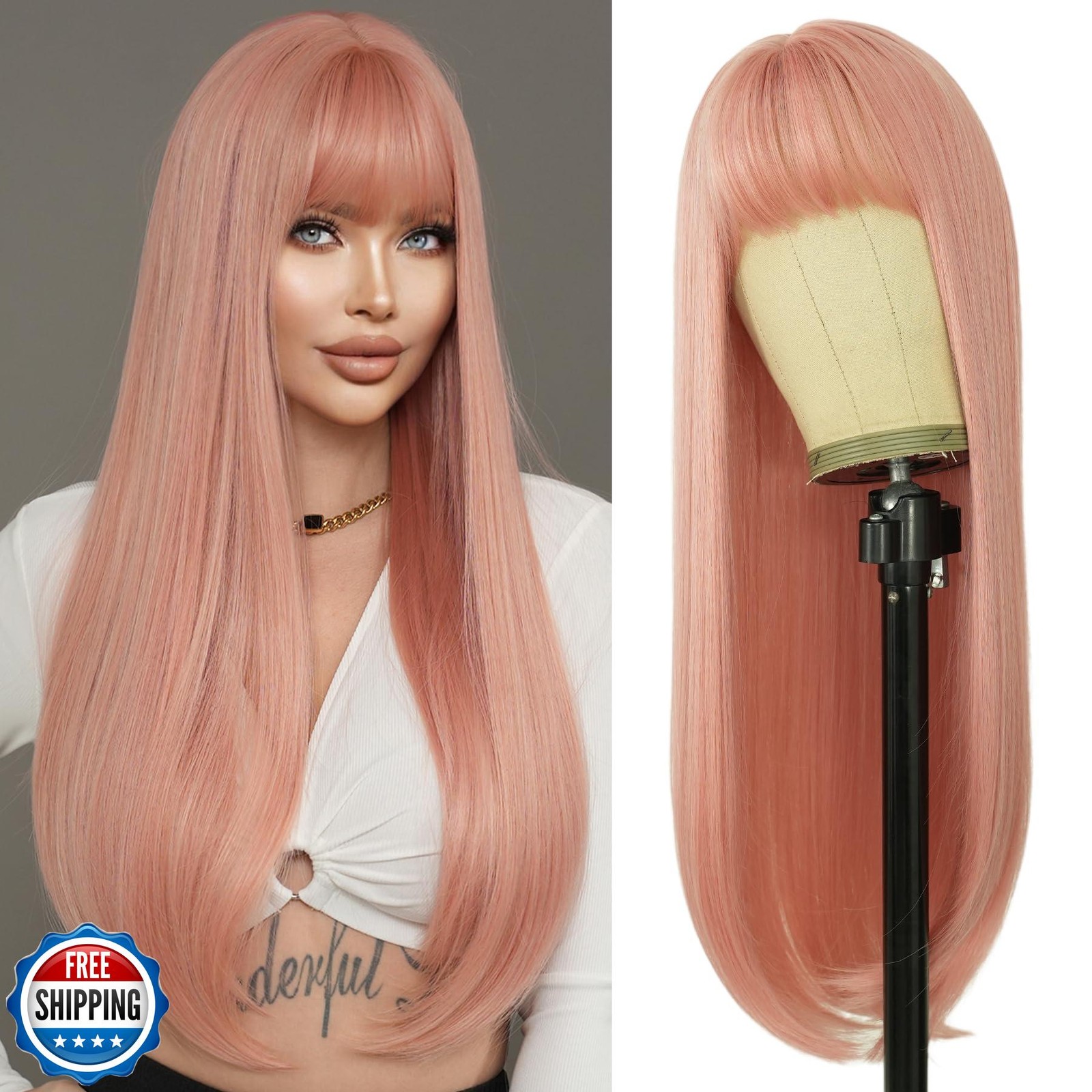 7JHH WIGS Long Straight Light Pink Wig with Bangs 28in Wig with Pale Orange N