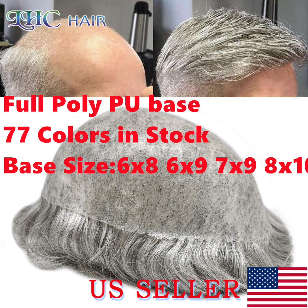 All Poly Mens Toupee Human Hair Replacement System Skin PU Grey Brown Hairpiece