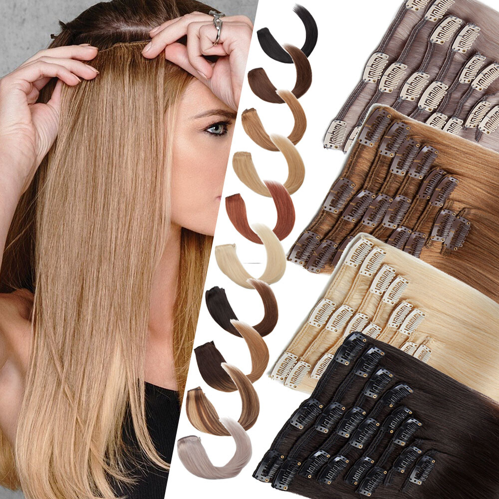 CLEARANCE Seamless Clip In Human Hair Extensions Real Remy Hair Weft Full Head