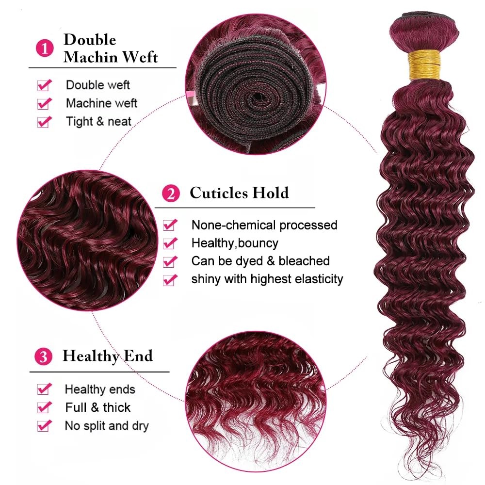 Niciitysi Color 99J Bundles Human Hair Wine Red Deep Wave Bundles 10 12 14 Inch
