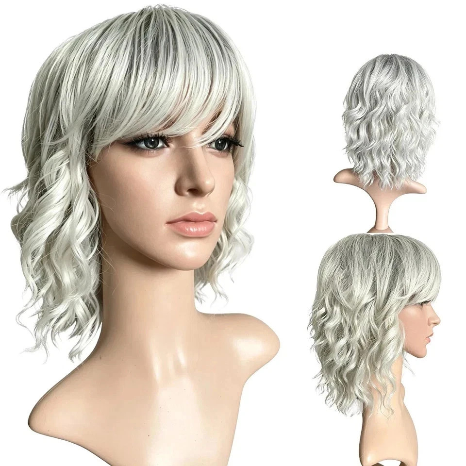 Silver Ombre Gray Wavy Short WigShoulder Length Bob Wig with Bangs for Women