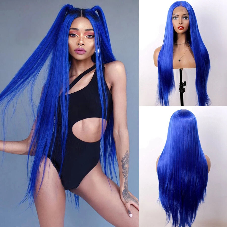 Long Straight Lace Front Wig Synthetic Hair Wig Heat Safe Blue Glueless Long Wig