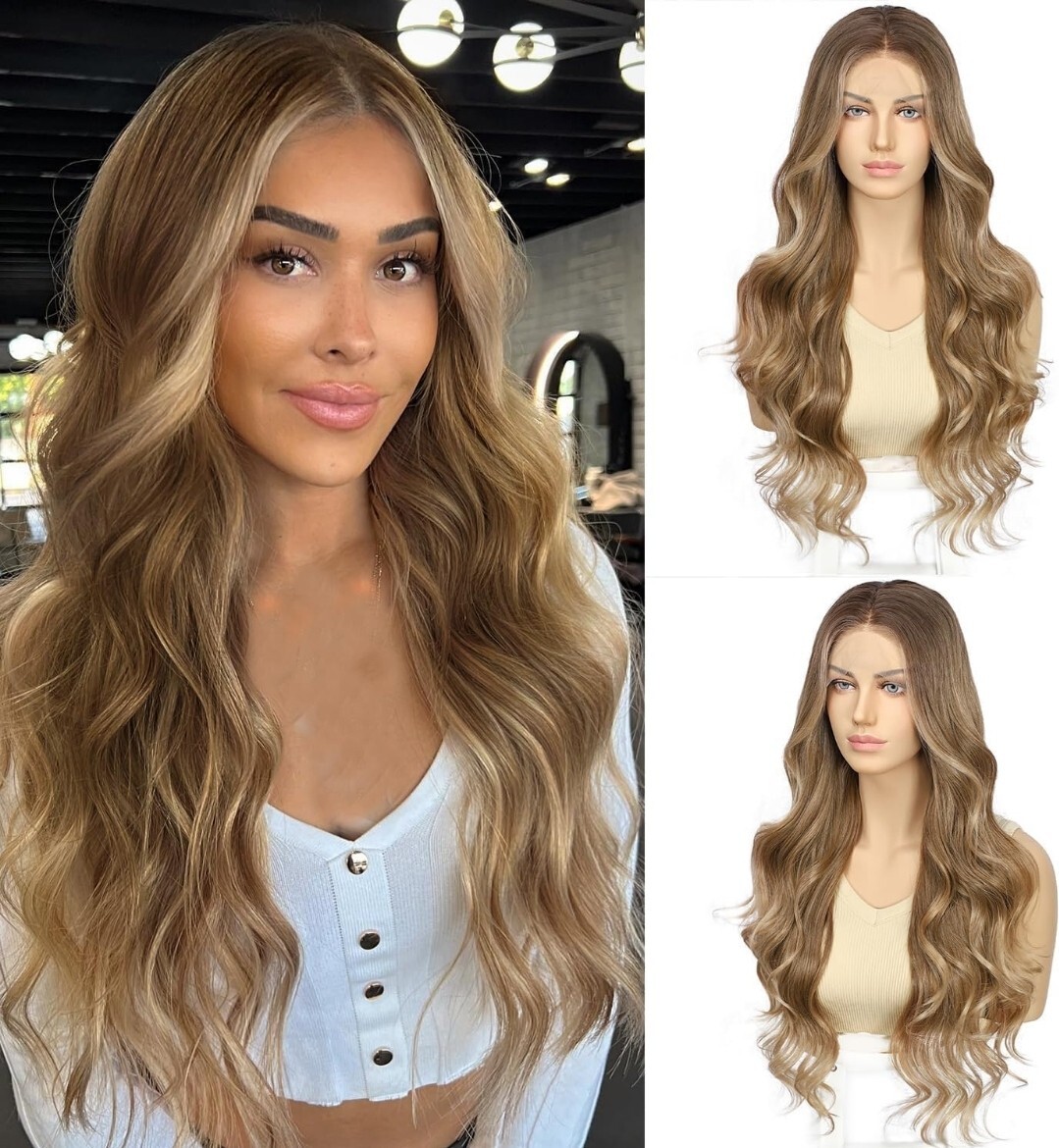 Natural Brown With Light BLONDE HIGHLIGHTS Wig HD Front Lace Human Hair Blend