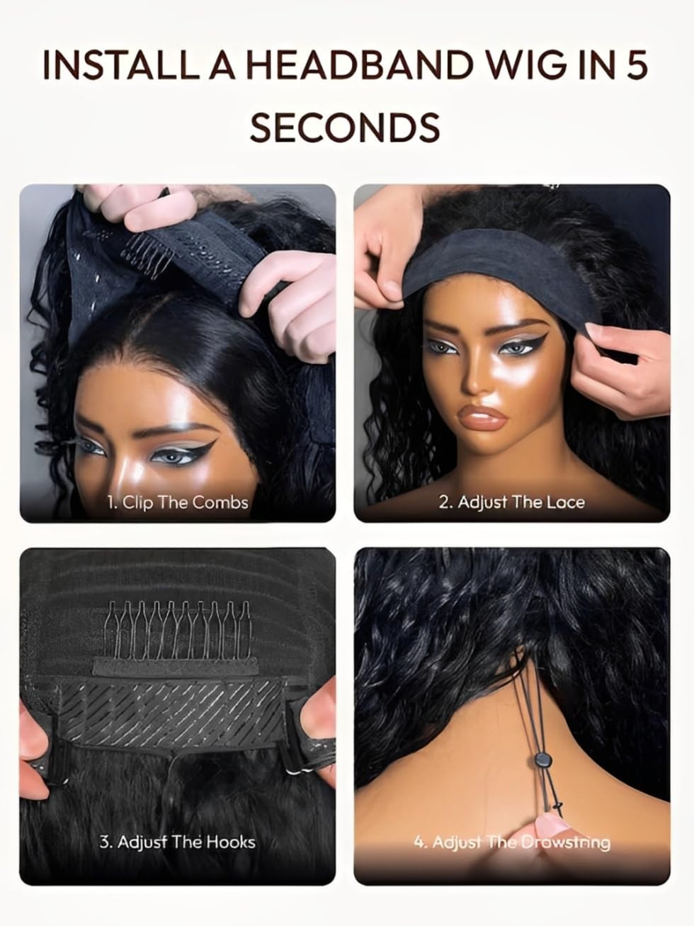 Water Wave Headband Wig – 20″ Human Hair, No-Slip, Glueless, 150% Density, Natur