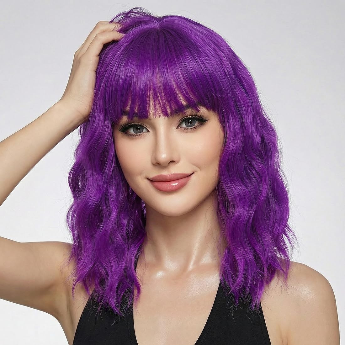 Pastel Brown Wavy Bob Wig Women, Short Shoulder Length Synthetic Wig with Bangs