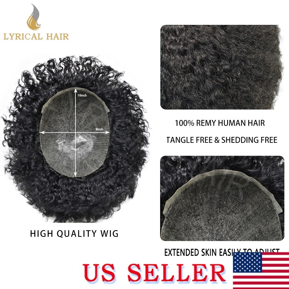 Afro Toupee For Black Men Full PU Skin Kinky Curly Human Hair Replacement System