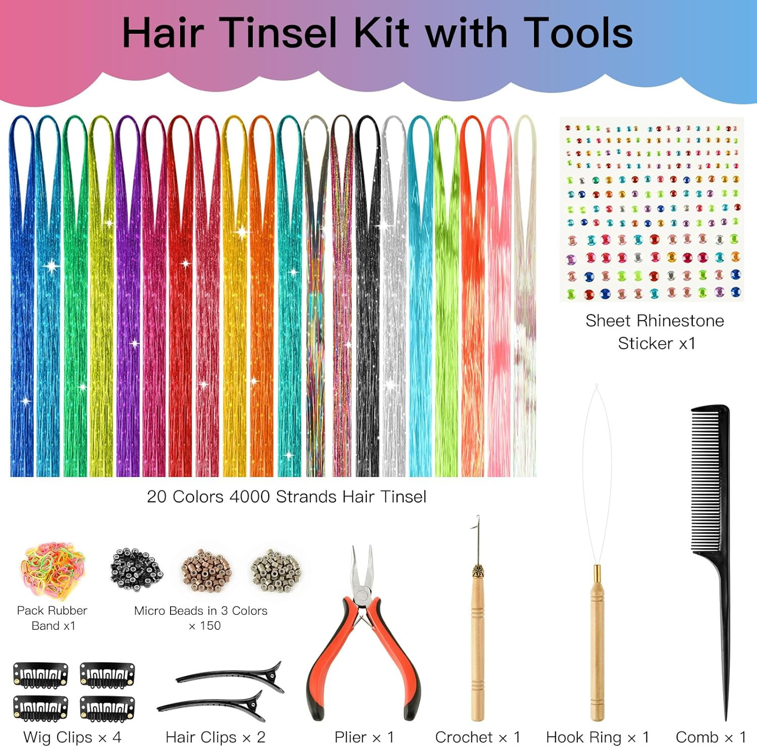 20 Colors Hair Tinsel Kit with Tools 4000 Strands 47 Inches Tinsel Hair Extensio