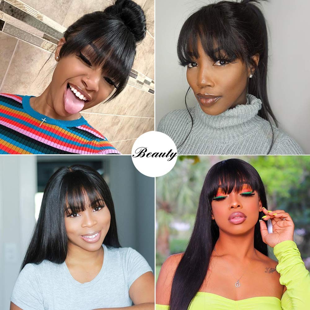 Straight Wig Human Hair with Bangs Machine Made Brazilian Virgin Human Hair Wig