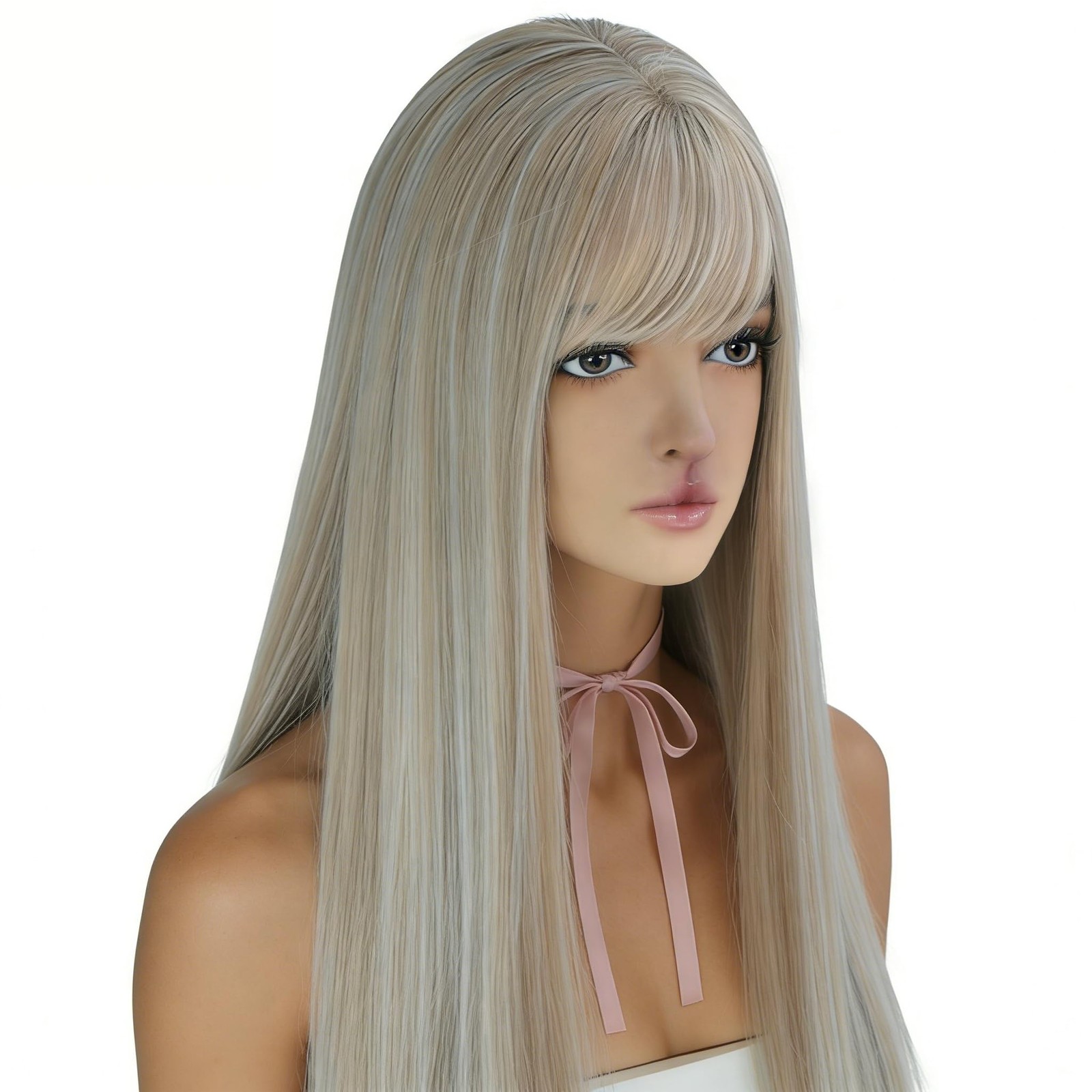 22 Inches Long Straight Hair Wig with Bangs Synthetic High Density Wig for Wo…