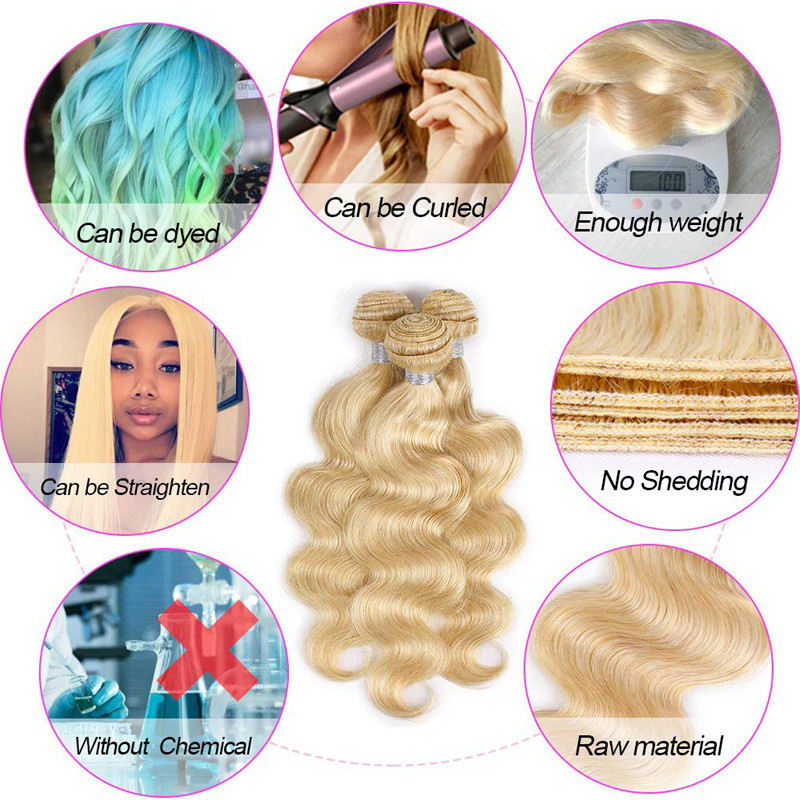 Extra Thick 613 Blonde Brazilian Virgin Human Hair Weave 3BUNDLES + CLOSURE Weft