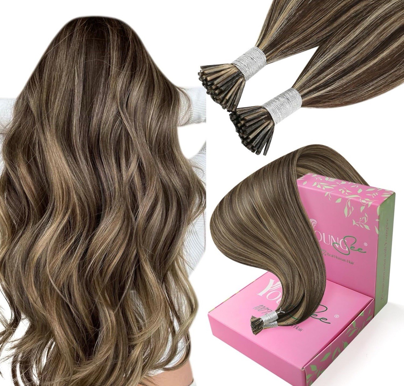 YoungSee I Tips Hair Extensions Brown Itip Hair 18 Inch 50g Brown W/Blonde